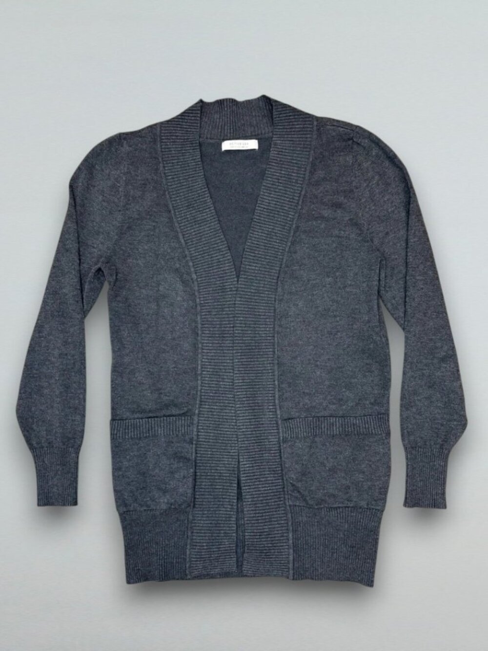 Gray Open Front Knit Cardigan Long Sleeve Ribbed Lightweight Pockets M
